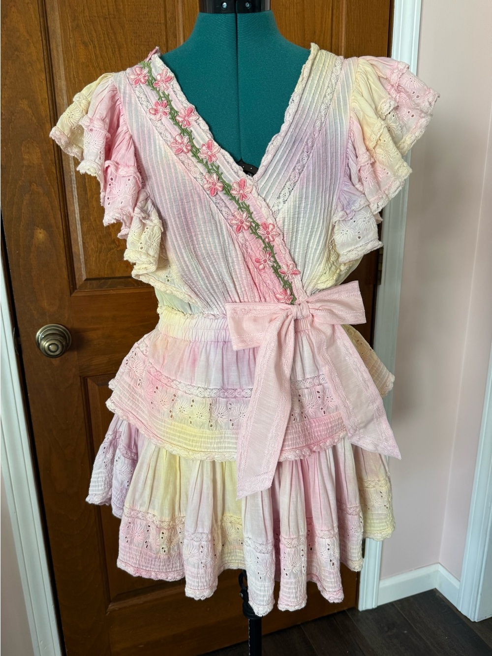Loveshackfancy Gwen Ruffle Mini Dress Vintage Lace Lilac Pink Yellow Tie Dye Med